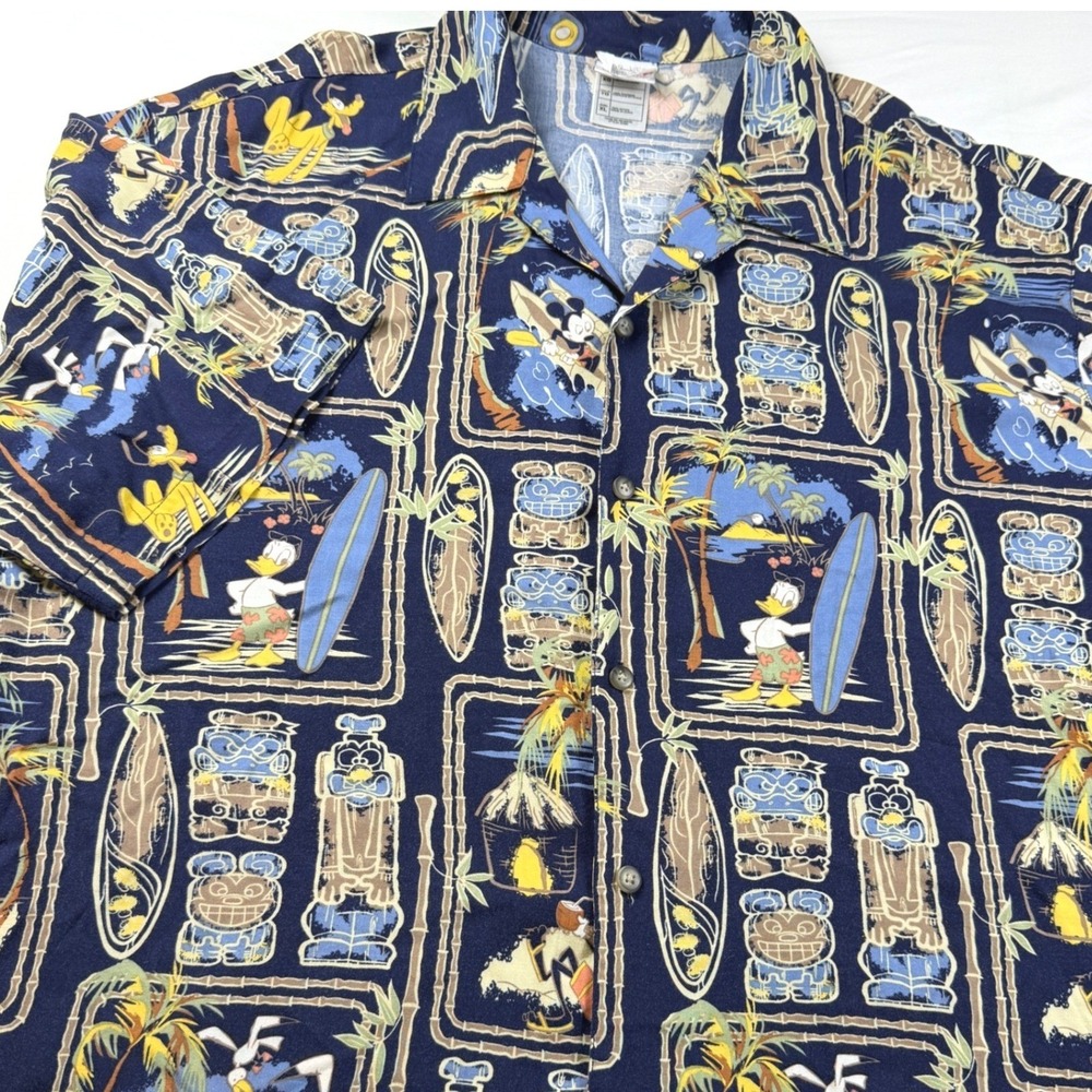 Disney Hawaiian AOP Tiki Aloha Shirt Mens XL Navy Blue Mickey Donald Pluto Goofy